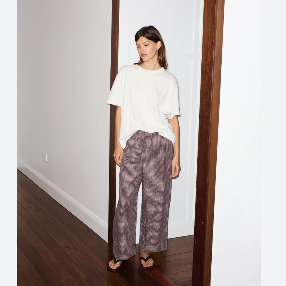 Dejiji Studios Linen Pants Trousers - Russet Check (Brown)